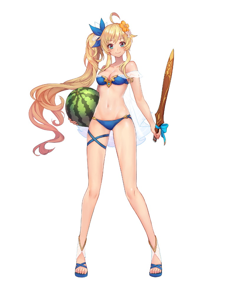 bare_shoulders bikini blue_bikini breasts cleavage collarbone eyebrows_visible_through_hair flower food fruit full_body hair_flower hair_ornament holding long_hair looking_at_viewer medium_breasts navel official_art open_toe_shoes shoes side_ponytail simple_background smile solo standing swimsuit sword tenshi_mikadokuni thigh_strap very_long_hair watermelon weapon white_background wooden_sword