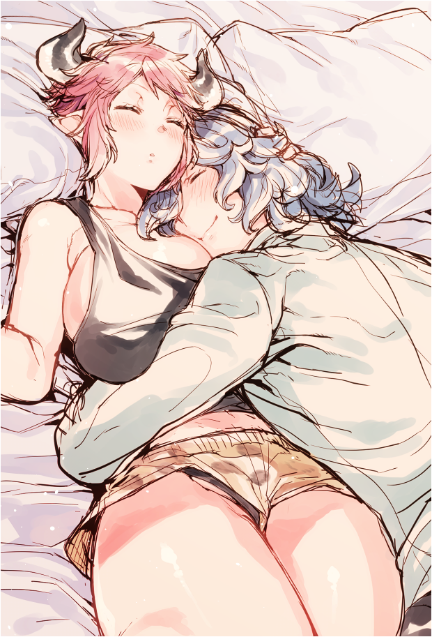 1girl animal_ears animal_print bangs bare_arms bare_shoulders bed between_breasts black_panties black_tank_top blue_hair blush boyshorts breast_pillow breasts brown_shorts closed_eyes closed_mouth commentary_request couple cow_ears cow_horns drang_(granblue_fantasy) eno_yukimi granblue_fantasy hair_over_one_eye hand_on_another's_head head_between_breasts head_to_head hetero horns hug huge_breasts legs_together leopard_print long_hair long_sleeves lying midriff on_back on_stomach panties pantyshot pantyshot_(lying) parted_lips pillow pointy_ears print_shorts red_hair shiny shiny_skin shirt short_hair shorts sidelocks sketch skindentation sleeping sleepwear smile sturm_(granblue_fantasy) tank_top underwear wavy_hair white_shirt