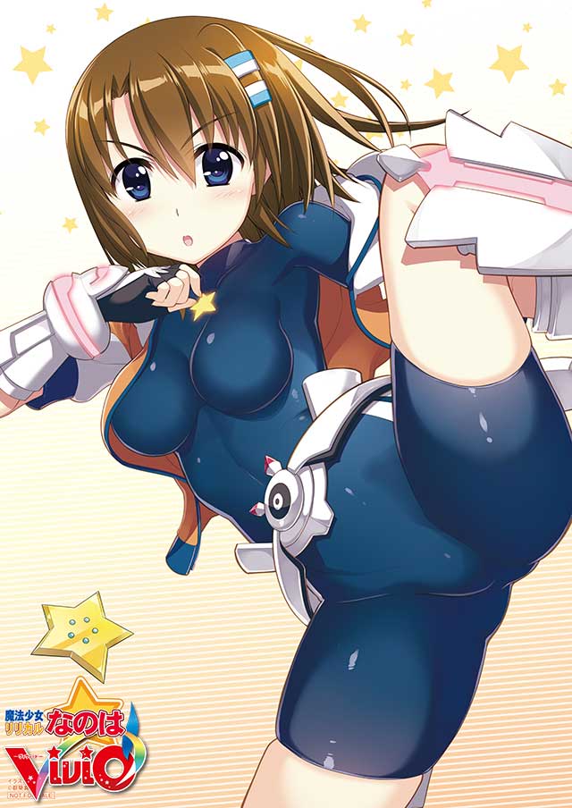 :o belt blue_eyes blush bodysuit breasts brown_hair cosplay cropped_jacket fingerless_gloves fujima_takuya gauntlets gloves gradient gradient_background hair_ornament hairclip high_kick impossible_clothes jacket kicking leg_up logo lyrical_nanoha magical_girl mahou_shoujo_lyrical_nanoha_vivid medium_breasts miura_rinaldi miura_rinaldi_(cosplay) off_shoulder open_clothes open_jacket short_hair skin_tight skindentation spread_legs star star_saber striped striped_background track_jacket unzipped yagami_hayate