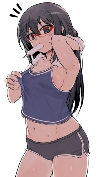 1girl arm_up armpits black_eyes black_hair boyshorts breasts camisole contrapposto cowboy_shot food food_in_mouth glasses jpeg_artifacts long_hair looking_at_viewer midriff mouth_hold navel nipple_slip nipples null_(nyanpyoun) original popsicle red-framed_eyewear shirt_tug short_shorts shorts simple_background small_breasts solo standing sweat white_background