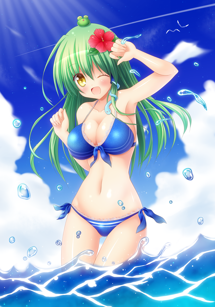 ;d bikini blue_bikini blue_sky breasts cleavage cloud collarbone commentary_request day eyebrows_visible_through_hair flower frog_hair_ornament green_hair hair_between_eyes hair_flower hair_ornament highres kochiya_sanae large_breasts long_hair looking_at_viewer navel ocean one_eye_closed open_mouth osashin_(osada) outdoors side-tie_bikini sky smile snake_hair_ornament solo swimsuit touhou wading water yellow_eyes
