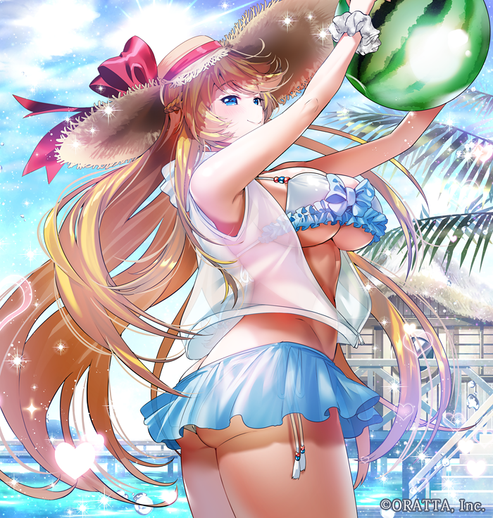 arms_up ass ball bangs beachball bikini blonde_hair blue_bikini blue_eyes blush bow braid breasts cloud cloudy_sky day eyebrows_visible_through_hair frilled_bikini frills from_side hair_bow half_updo hat heart jacket large_breasts long_hair looking_at_viewer ogino_atsuki outdoors sarong scrunchie see-through side-tie_bikini sideboob sky smile solo sparkle straw_hat sweat swept_bangs swimsuit twisted_torso underboob very_long_hair wading water watermark wrist_scrunchie