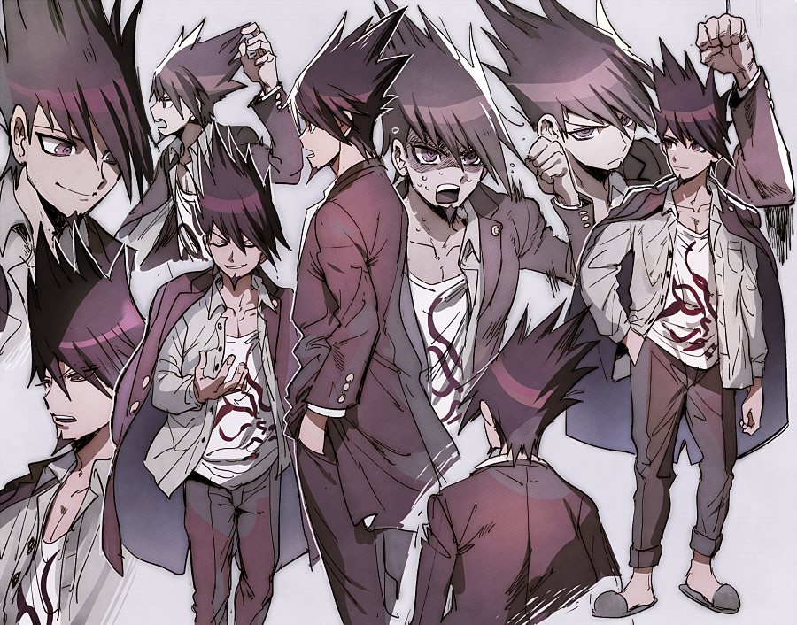 1boy beard danganronpa facial_hair goatee jacket jacket_on_shoulders male_focus momota_kaito new_danganronpa_v3 open_mouth pants purple_eyes purple_hair school_uniform shirt short_hair simple_background smile space_print spiked_hair