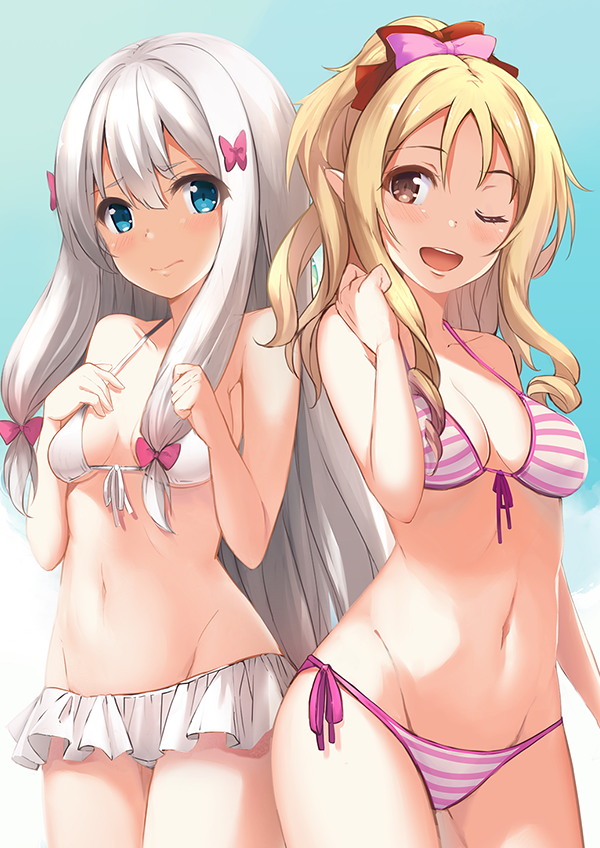 3: :d arm_at_side bangs bare_arms bare_shoulders bikini bikini_skirt blue_eyes blue_sky blush bow breasts breasts_apart brown_eyes cleavage closed_mouth collarbone commentary_request cowboy_shot day eromanga_sensei eyebrows_visible_through_hair front-tie_bikini front-tie_top groin hair_between_eyes hair_bow hair_ornament hand_on_own_chest hand_up hands_up izumi_sagiri legs_apart legs_together medium_breasts midriff multiple_girls navel open_mouth outdoors pink_bow pink_hair pointy_ears ponytail red_bow ringlets rods round_teeth side-tie_bikini sidelocks silver_hair sky small_breasts smile standing stomach striped striped_bikini swimsuit teeth upper_teeth white_bikini yamada_elf