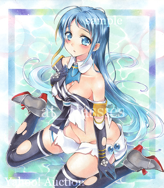artist_name at_classics bare_shoulders black_gloves black_legwear blue_eyes blue_hair blush breasts cleavage elbow_gloves eyebrows_visible_through_hair full_body gloves groin hand_on_own_chest kantai_collection long_hair looking_at_viewer medium_breasts neckerchief no_bra no_panties off_shoulder parted_lips sailor_collar samidare_(kantai_collection) sample shoes sidelocks sitting solo thighhighs torn_clothes torn_gloves torn_legwear traditional_media very_long_hair wariza watermark