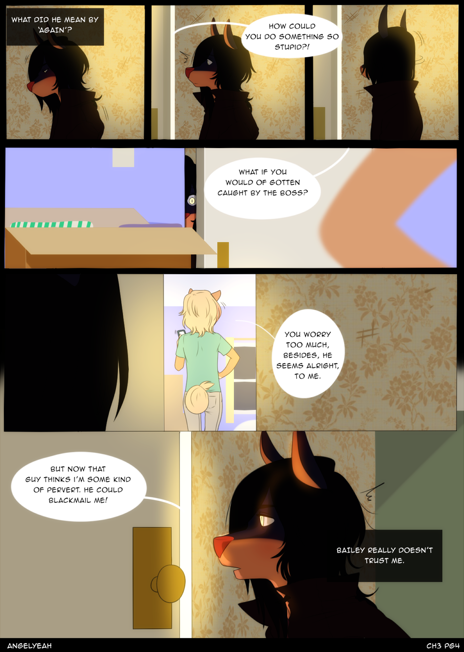 angellove44 anthro black_hair blonde_hair blush canine clothed clothing comic dingo dog eavesdropping english_text hair jamey_(angellove44) kale_(angellove44) male mammal poodle text wolf yellow_eyes