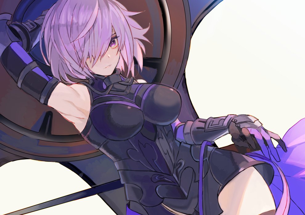 armor armpits bare_shoulders breasts elbow_gloves eyebrows_visible_through_hair fate/grand_order fate_(series) gauntlets gloves hair_over_one_eye holding_shield kibadori_rue large_breasts looking_at_viewer mash_kyrielight parted_lips purple_eyes purple_hair shield short_hair solo thighhighs