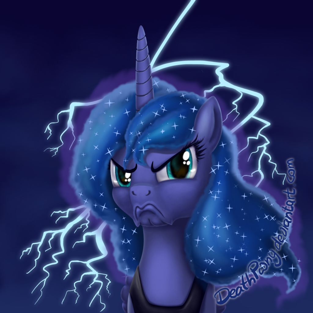 2017 blue_eyes blue_hair deathpwny equine female feral friendship_is_magic frown hair horn jewelry lightning_bolt looking_at_viewer mammal my_little_pony necklace portrait princess_luna_(mlp) solo unicorn