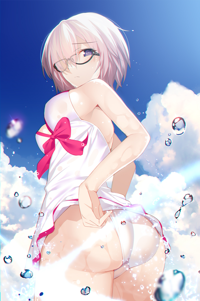 adjusting_clothes ass bare_shoulders black-framed_eyewear blue_sky blurry bow breasts closed_mouth cloud cloudy_sky commentary_request cowboy_shot day depth_of_field dress eyebrows_visible_through_hair fate/grand_order fate_(series) from_behind glasses hair_over_one_eye highres lavender_hair lens_flare looking_at_viewer looking_back machimura_komori mash_kyrielight medium_breasts outdoors panties pink_bow purple_eyes short_hair sky solo sparkle standing underwear upskirt water_drop wet white_dress white_panties