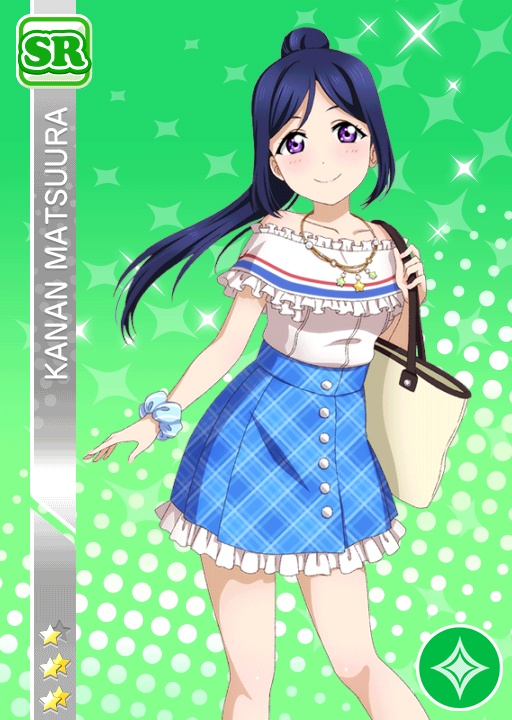 blue_hair blush character_hname dress long_hair love_live!_school_idol_festival love_live!_sunshine!! matsuura_kanan ponytal smile violet_eyes