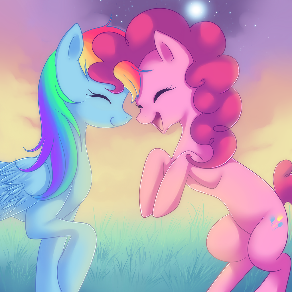 cute cutie_mark detailed_background duo eyelashes eyes_closed feathered_wings feathers female feral friendship_is_magic grass happy jacky-bunny my_little_pony open_mouth pinkie_pie_(mlp) rainbow_dash_(mlp) smile wings