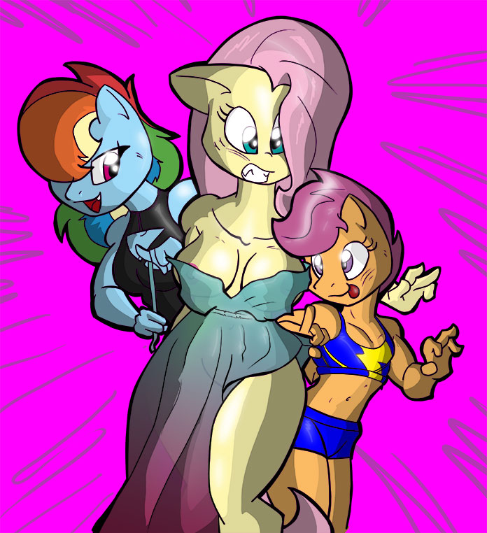 2017 anthro areola breasts cleavage clothed clothing dress equine fangs female fluttershy_(mlp) friendship_is_magic group mammal my_little_pony pegasus rainbow_dash_(mlp) scootaloo_(mlp) theburningdonut translucent transparent_clothing wings