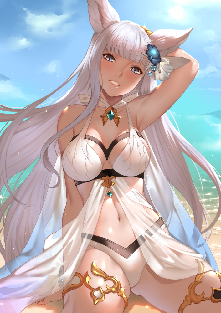 animal_ears arm_behind_head armpits bangs bikini blunt_bangs breasts cleavage day deras erune granblue_fantasy hair_ornament head_tilt heart heart-shaped_pupils korwa large_breasts long_hair looking_at_viewer navel outdoors parted_lips see-through silver_hair sitting smile solo swimsuit symbol-shaped_pupils very_long_hair water white_bikini