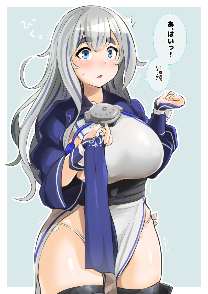 ainu_clothes bandana_removed black_legwear blue_eyes blush breasts cropped_jacket headband highres kamoi_(kantai_collection) kantai_collection large_breasts long_hair long_sleeves looking_at_viewer ryuun_(stiil) sideboob sidelocks solo thick_eyebrows thighhighs translation_request white_hair