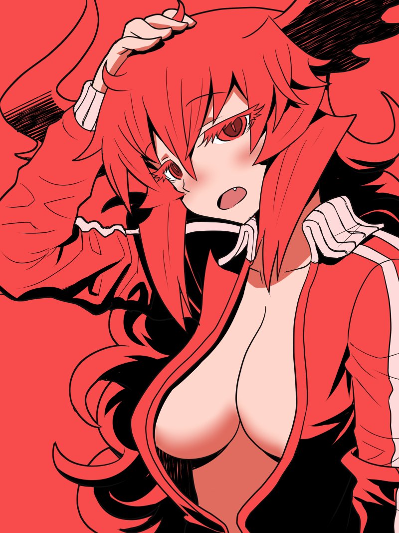 breasts demon_girl demon_horns fang horns jacket large_breasts long_hair maou_beluzel matsuda_yuusuke no_bra open_clothes open_jacket red red_background red_eyes red_hair solo track_jacket upper_body yuusha_to_maou