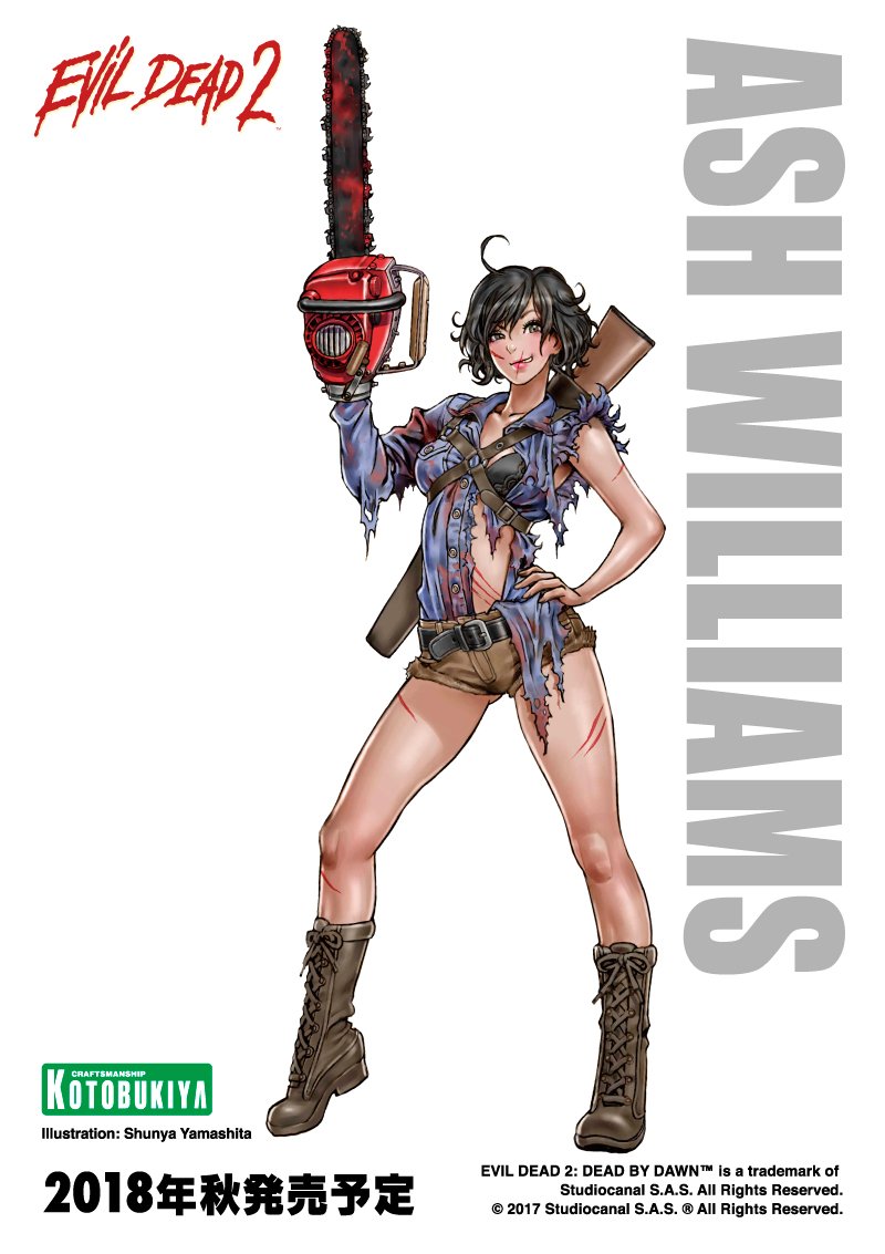 ahoge ashley_j_williams ass_visible_through_thighs belt bishoujo_terror black_bra black_eyes black_hair blood blush boots bra breasts chainsaw character_name commentary_request copyright_name cross-laced_footwear curly_hair evil_dead full_body genderswap genderswap_(mtf) gun hand_on_hip injury kotobukiya_bishoujo lace-up_boots looking_at_viewer medium_breasts scar scratches short_hair short_shorts shorts shotgun smirk solo standing torn_clothes translation_request underwear weapon weapon_on_back white_background yamashita_shun'ya