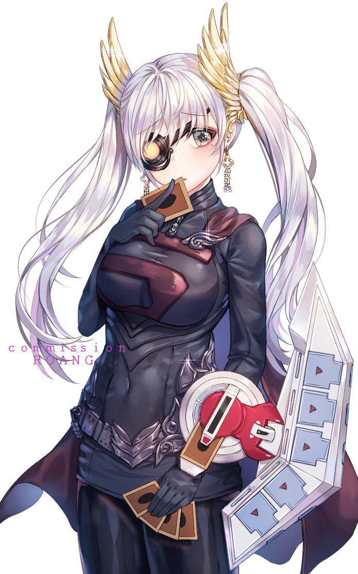blush breasts card duel_disk earrings eyebrows_visible_through_hair eyepatch grey_eyes jewelry large_breasts long_hair looking_at_viewer mole mole_under_eye original parted_lips roang silver_hair solo twintails yuu-gi-ou