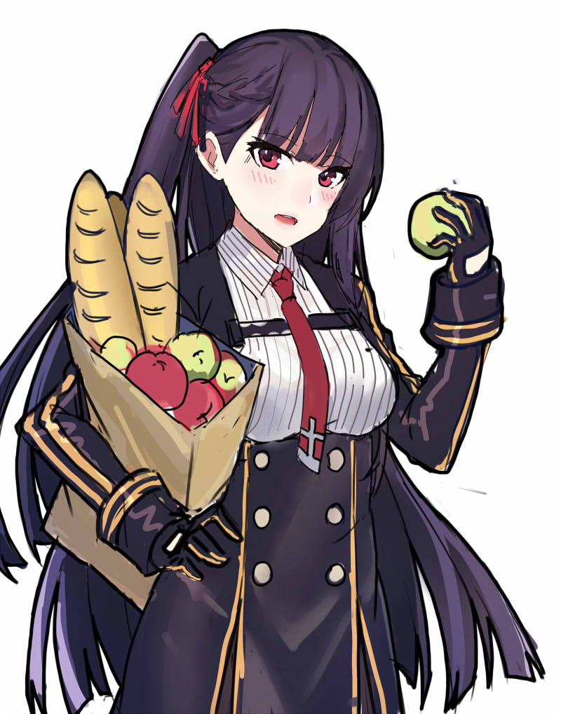 apple bag baguette bangs black_gloves blush bread commentary_request cowboy_shot echj eyebrows_visible_through_hair food fruit girls_frontline gloves grocery_bag hair_ribbon holding holding_bag holding_food holding_fruit long_hair long_sleeves looking_at_viewer military military_uniform one_side_up open_mouth pantyhose purple_eyes purple_hair ribbon shopping_bag simple_background smile solo teeth uniform wa2000_(girls_frontline) white_background