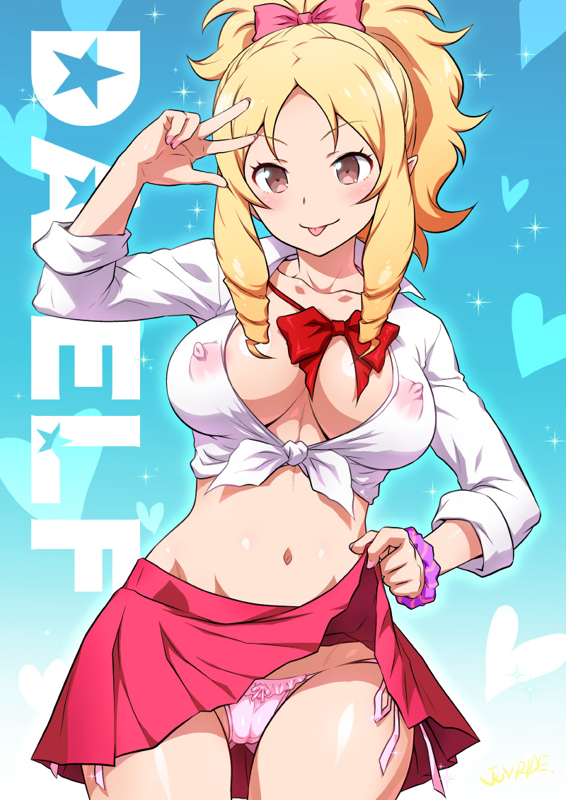 :p alternate_costume aqua_background artist_name ass_visible_through_thighs blonde_hair blush bow bowtie bracelet breasts brown_eyes character_name cleavage collarbone commentary_request covered_nipples cowboy_shot eromanga_sensei gyaru heart heart_background jewelry joy_ride kogal large_breasts lifted_by_self loose_bowtie midriff navel nipples no_bra panties pointy_ears ponytail red_skirt ring school_uniform scrunchie shirt side-tie_panties signature skirt skirt_lift sleeves_folded_up smile solo sparkle_background stomach striped striped_scrunchie tied_hair tied_shirt tongue tongue_out underwear upskirt w white_shirt wrist_scrunchie yamada_elf