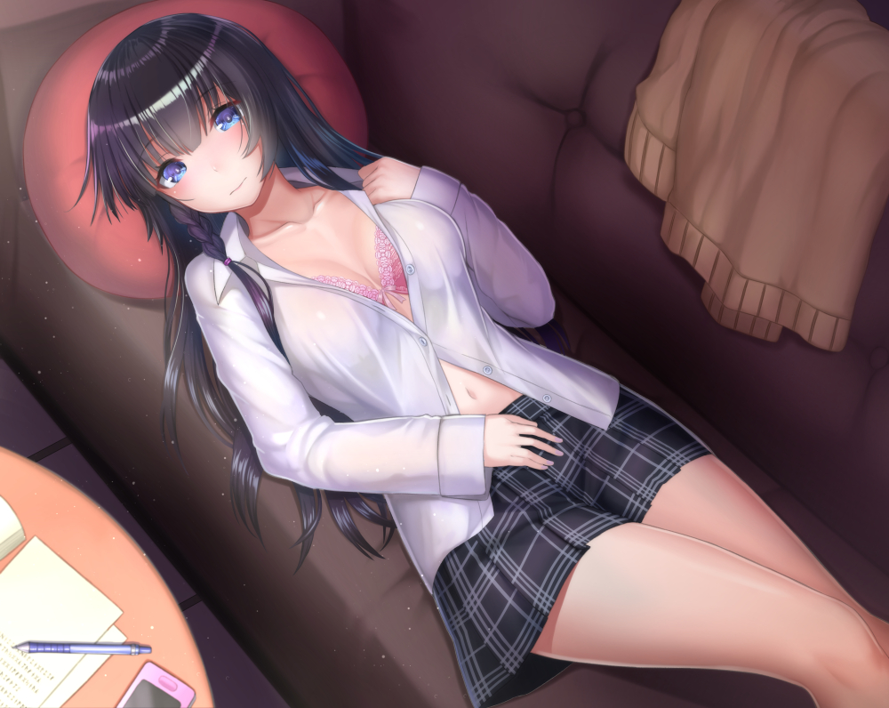 bangs black_hair black_skirt blue_eyes bra braid breasts buttons cardigan cellphone cleavage closed_mouth clothes_removed collarbone collared_shirt commentary_request couch cushion dress_shirt from_above hair_tie indoors long_hair long_sleeves looking_at_viewer lying mechanical_pencil medium_breasts miniskirt mizya navel original paper partially_unbuttoned pencil phone pink_bra plaid plaid_skirt school_uniform shirt single_braid skirt smartphone solo table tile_floor tiles underwear white_shirt