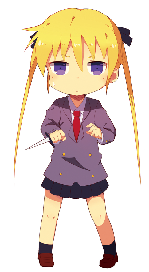 alice_(openhexagon) black_ribbon black_skirt blonde_hair blue_eyes blush chibi eyebrows_visible_through_hair full_body hair_ribbon holding holding_knife holding_weapon kill_me_baby knife long_hair looking_at_viewer necktie red_neckwear ribbon skirt solo sonya_(kill_me_baby) sweatdrop twintails weapon