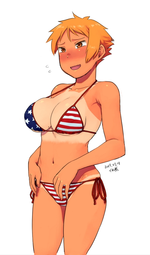 american_flag_bikini bikini bikini_tan blush breasts brown_eyes brown_hair cleavage dated flag_print large_breasts mole mole_on_breast navel original short_hair side-tie_bikini solo standing strap_gap sunburn swimsuit tan tanline tsukudani_(coke-buta) tsurime tsurime-chan underboob