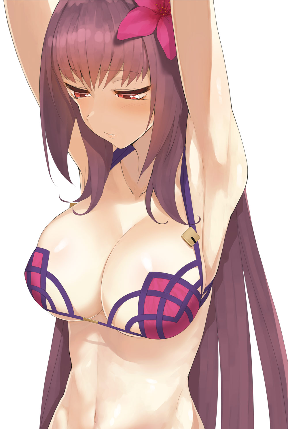 armpits arms_up bikini blush breasts cleavage fate/grand_order fate_(series) flower hair_flower hair_ornament highres large_breasts long_hair navel purple_bikini purple_hair red_eyes scathach_(fate)_(all) scathach_(swimsuit_assassin)_(fate) simple_background solo swimsuit throtem white_background
