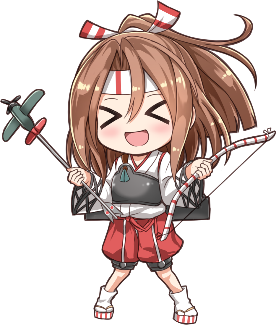 &gt;_&lt; :d arrow bow_(weapon) brown_hair chibi commentary_request hachimaki headband holding kantai_collection long_hair looking_at_viewer machinery muneate nichika_(nitikapo) open_mouth ponytail simple_background smile solo weapon white_background xd zuihou_(kantai_collection)