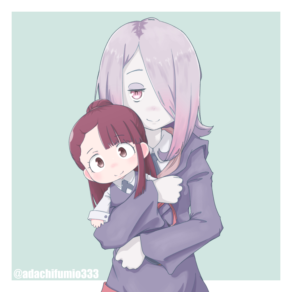 blush character_doll doll_hug green_background hair_over_one_eye kagari_atsuko little_witch_academia long_hair looking_at_viewer pale_skin silver_hair simple_background smile sucy_manbavaran twitter_username upper_body