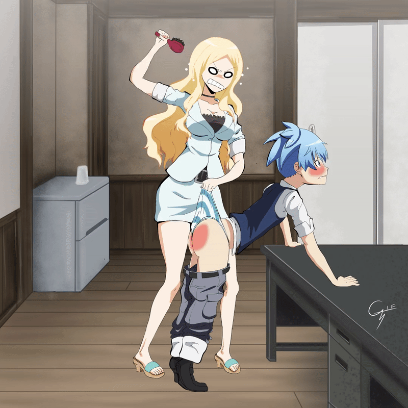 0_0 10s 1boy 1girl androgynous angry animated animated_gif ansatsu_kyoushitsu ass belt bent_over blonde_hair blue_hair blush breasts briefs classroom cleavage desk embarrassed femdom frightened glare hairbrush holding irina_jelavic jiggle large_breasts matching_hair/eyes necktie nervous pants pants_down presenting pulling pulling_down sandals shiota_nagisa shirt shoes skirt spanked spanking striped_panties stripping sweatdrop tie tugging undressing wedgie wince