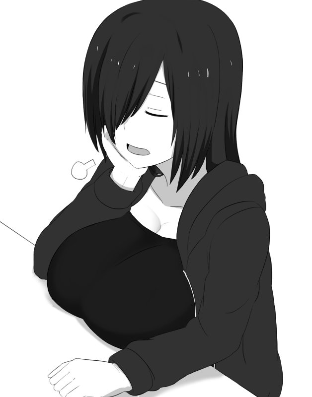 breasts closed_eyes greyscale hair_over_one_eye huge_breasts jacket large_breasts long_hair long_sleeves monochrome nao_(ritsancrossover) open_mouth original pai-chan_(nao) solo