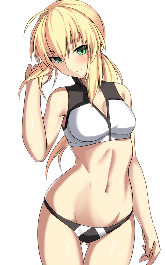 ahoge alternate_hairstyle arm_at_side artoria_pendragon_(all) artoria_pendragon_(swimsuit_archer) ass_visible_through_thighs bangs bare_arms bare_legs bare_shoulders bikini black_bikini_bottom blonde_hair breasts cleavage closed_mouth collarbone commentary_request cowboy_shot eyebrows_visible_through_hair fate/grand_order fate/stay_night fate_(series) green_eyes groin hair_between_eyes hair_tousle hand_up head_tilt long_hair looking_at_viewer low_ponytail medium_breasts mismatched_bikini navel shiseki_hirame sidelocks simple_background smile solo sports_bikini standing stomach swimsuit thigh_gap white_background white_bikini white_bikini_top