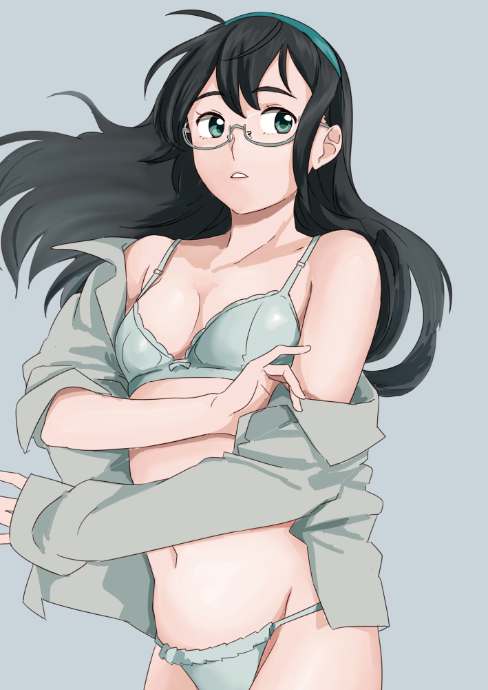 black_hair blue_bra blue_panties bra breasts cleavage eyebrows_visible_through_hair glasses green_eyes hairband kantai_collection long_hair looking_to_the_side lying navel ojipon ooyodo_(kantai_collection) open_clothes open_shirt panties parted_lips semi-rimless_eyewear shirt simple_background small_breasts solo underwear