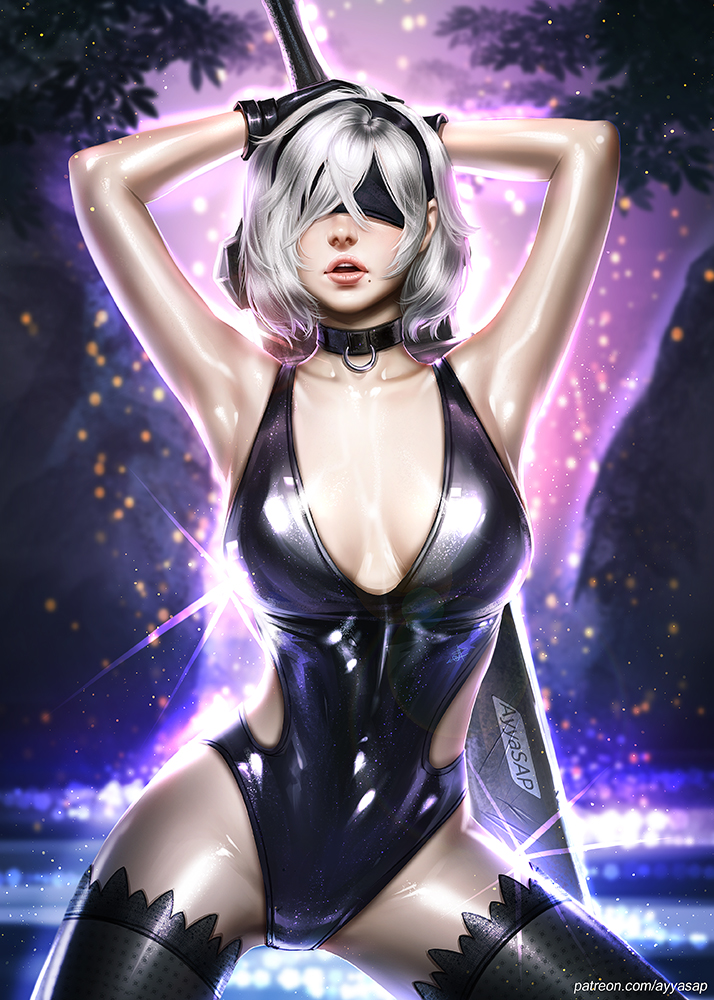 armpits arms_up artist_name ayya_saparniyazova bangs black_blindfold black_choker black_gloves black_hairband black_legwear black_leotard blindfold breasts breasts_apart choker covered_eyes cowboy_shot facing_viewer gloves hairband latex leotard medium_breasts mole mole_under_mouth nier_(series) nier_automata o-ring o-ring_choker pantyhose parted_lips patreon_username pinup sheer_legwear shiny short_hair silver_hair solo sparkle standing sword thighhighs watermark weapon web_address yorha_no._2_type_b