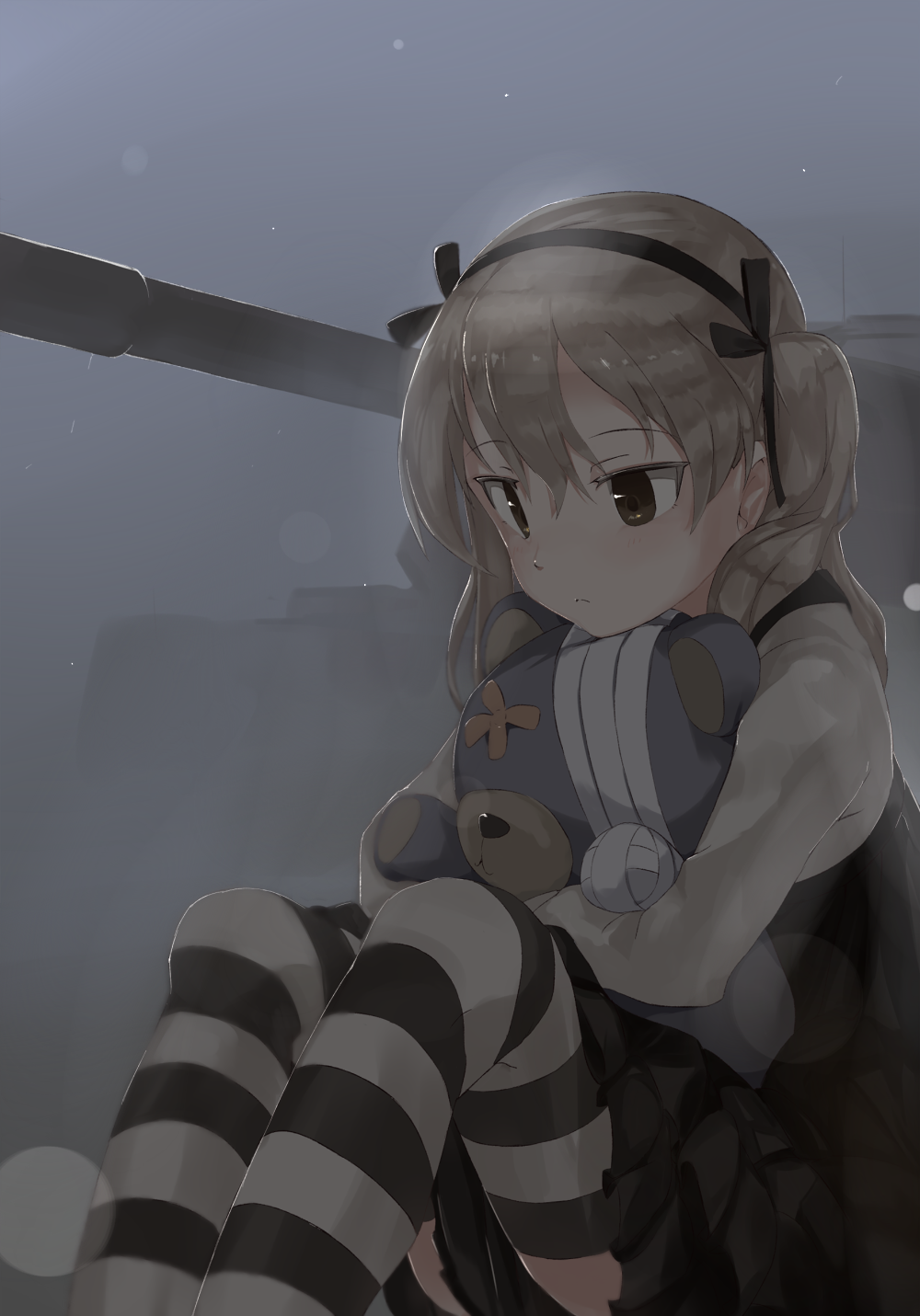 bandages bangs black_legwear black_ribbon black_skirt boko_(girls_und_panzer) brown_eyes casual closed_mouth collared_shirt dark fog from_side girls_und_panzer ground_vehicle guraasan hair_ribbon high-waist_skirt highres holding holding_stuffed_animal layered_skirt light_brown_hair light_frown long_hair long_sleeves medium_skirt military military_vehicle motor_vehicle ribbon shimada_arisu shirt side_ponytail sitting skirt striped striped_legwear stuffed_animal stuffed_toy suspender_skirt suspenders tank thighhighs white_shirt