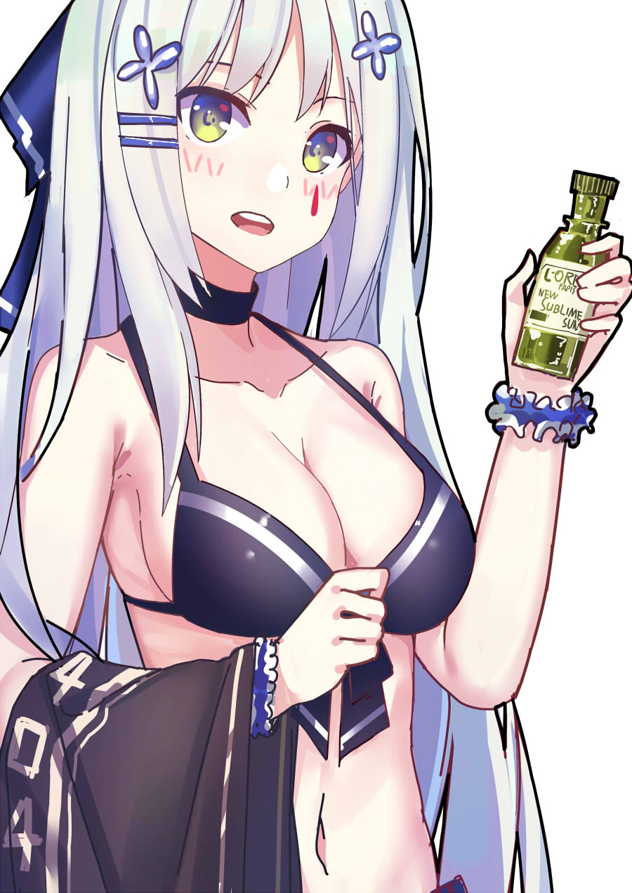 bangs bottle breasts cleavage collarbone commentary_request echj girls_frontline grey_hair hair_ornament hairclip hand_up highres hk416_(girls_frontline) holding holding_bottle large_breasts long_hair looking_at_viewer lotion navel open_mouth smile solo sunscreen teeth upper_body white_hair