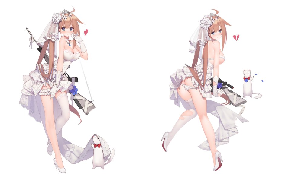 ahoge animal ass bangs battle_rifle blonde_hair blue_eyes blunt_bangs blush bow bowtie breasts bridal_veil bride broken_heart choker closed_mouth dress elbow_gloves eyebrows_visible_through_hair fal_(girls_frontline) finger_to_mouth flower fn_fal from_behind full_body garters gem girls_frontline gloves gun hair_between_eyes hair_flower hair_ornament hand_up high_heels jewelry knees_together_feet_apart knife large_breasts leg_up long_hair looking_at_viewer looking_back necklace open_mouth rat red_bow red_neckwear rifle scope shadow short_dress side_ponytail sidelocks single_thighhigh solo standing standing_on_one_leg strapless strapless_dress suisai thighhighs tiara torn_clothes torn_dress veil very_long_hair weapon weapon_on_back wedding_dress white_background white_dress white_flower white_gloves white_legwear