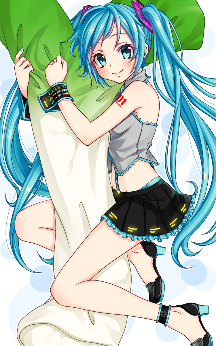aqua_eyes aqua_hair blue_hair body_pillow from_side hatsune_miku high_heels highres kotobuki0101 long_hair looking_at_viewer lying midriff no_detached_sleeves on_side pillow pillow_straddling skirt smile solo spring_onion suspender_skirt suspenders tattoo twintails very_long_hair vocaloid wrist_cuffs