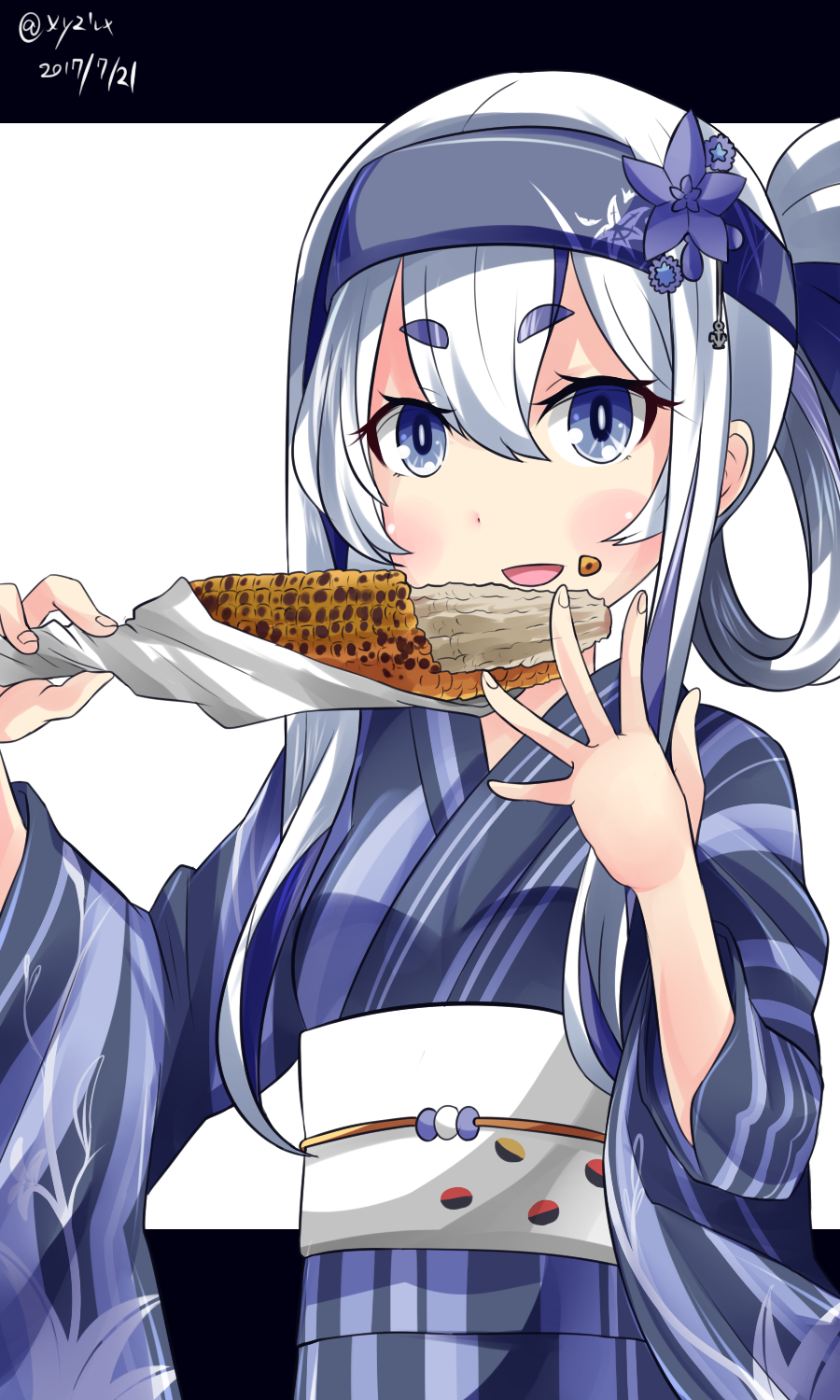 2017 bandana blue_eyes blue_kimono corn dated eating flower folded_ponytail food food_on_face hair_flower hair_ornament hebitsukai-san highres japanese_clothes kamoi_(kantai_collection) kantai_collection kimono long_hair looking_at_viewer obi sash sidelocks solo striped striped_kimono thick_eyebrows twitter_username upper_body white_hair yakitoumorokoshi yukata