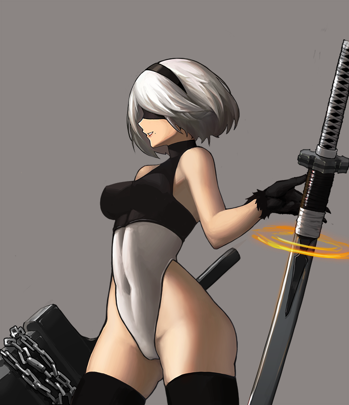 :d arm_at_side bangs bare_shoulders black_gloves blindfold breasts broadsword chain covered_eyes covered_navel cowboy_shot from_side gloves greatsword grey_background grin groin hand_up highleg highleg_leotard holding holding_weapon huge_weapon katana legs_apart leotard medium_breasts mistrie mole mole_under_mouth nier_(series) nier_automata open_mouth pink_lips profile short_hair silver_hair simple_background skin_tight smile solo standing sword teeth turtleneck weapon white_leotard yorha_no._2_type_b