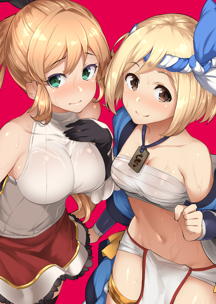 3: bangs batsu black_gloves black_legwear blush bracer breasts brown_eyes brown_hair clarisse_(granblue_fantasy) closed_mouth collarbone commentary_request djeeta_(granblue_fantasy) eyebrows_visible_through_hair gloves granblue_fantasy green_eyes halter_top halterneck hand_on_own_chest happi highres japanese_clothes jewelry large_breasts long_hair looking_at_viewer medium_breasts midriff multiple_girls navel necklace off_shoulder pelvic_curtain purple_background red_skirt ribbed_sweater sarashi shirt short_hair sidelocks simple_background skirt sleeveless sleeveless_shirt smile sweat sweater thighhighs thighs turtleneck very_long_hair