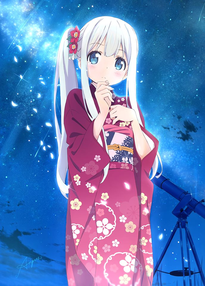 angus_(hei) artist_name bangs blue_eyes blush closed_mouth commentary_request eromanga_sensei eyebrows_visible_through_hair floral_print izumi_sagiri japanese_clothes kimono long_hair looking_at_viewer night night_sky obi petals ponytail purple_kimono sash sidelocks signature sky solo standing star_(sky) starry_sky tareme telescope white_hair