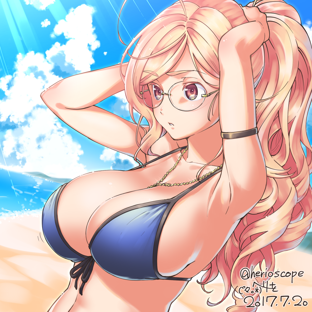 arm_strap armpits beach between_breasts bikini blonde_hair blue_bikini breasts cleavage cloud cloudy_sky dated day front-tie_top glasses heriwo_(haraheridou) jewelry large_breasts long_hair necklace original outdoors ponytail red_eyes sand signature sky solo sunlight swimsuit upper_body water wavy_hair