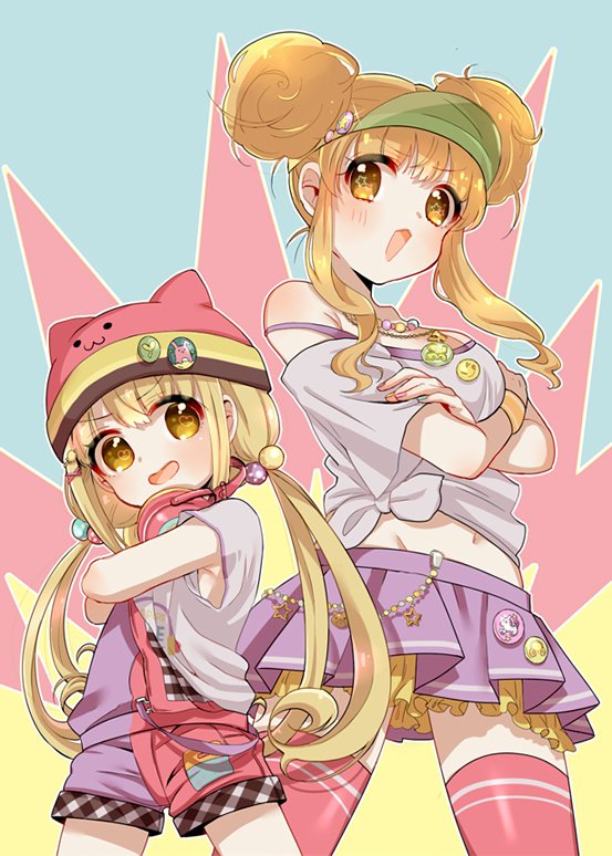animal_hat badge blonde_hair breasts cat_hat commentary_request double_bun futaba_anzu hair_bobbles hair_ornament hat headphones heart heart-shaped_pupils height_difference idolmaster idolmaster_cinderella_girls kumasawa_(dkdkr) large_breasts little_riddle long_hair looking_at_viewer low_twintails midriff moroboshi_kirari multiple_girls navel off_shoulder open_mouth pink_legwear pleated_skirt pose shirt shorts skirt smiley_face star star-shaped_pupils symbol-shaped_pupils thighhighs tied_shirt twintails visor_cap wristband yellow_eyes