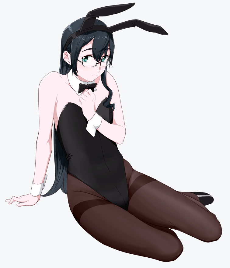 alternate_costume animal_ears black_hair bunny_ears bunny_girl bunnysuit fake_animal_ears glasses green_eyes hairband kantai_collection long_hair ojipon ooyodo_(kantai_collection) simple_background solo wrist_cuffs