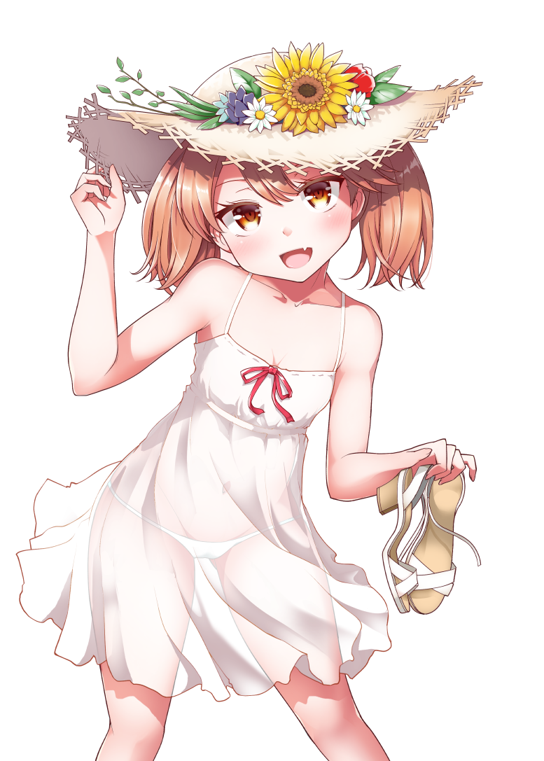 :d bare_arms blush breasts brown_eyes brown_hair cleavage collarbone commentary_request dress fang flower hat hat_flower high_heels holding holding_shoes kantai_collection kirigakure_(kirigakure_tantei_jimusho) long_hair looking_at_viewer open_mouth panties ryuujou_(kantai_collection) sandals see-through see-through_silhouette shoes shoes_removed simple_background sleeveless sleeveless_dress small_breasts smile solo spaghetti_strap sun_hat sundress sunflower twintails underwear white_background white_dress white_panties
