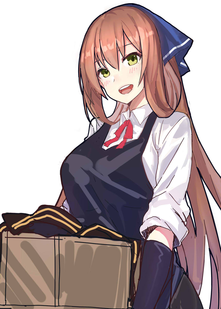 :d apron bangs black_gloves blush box brown_hair collared_shirt commentary_request echj girls_frontline gloves green_eyes head_scarf highres holding holding_box long_hair looking_at_viewer m1903_springfield_(girls_frontline) open_mouth shirt simple_background sleeves_past_elbows smile solo upper_body white_background white_shirt