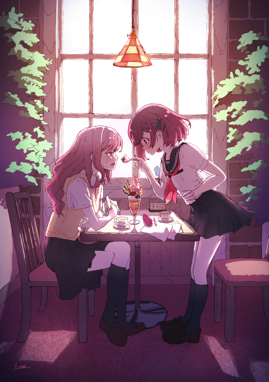 black_legwear blue_eyes blush brown_hair chair crossed_legs cup eyebrows_visible_through_hair feeding full_body hanging_light highres holding holding_spoon indoors kagawa_yuusaku kneehighs leaning_forward loafers long_hair looking_at_another multiple_girls open_mouth original parfait parted_lips pencil_case profile red_eyes saucer school_uniform serafuku shoes short_hair sitting spoon sweater_vest table teacup