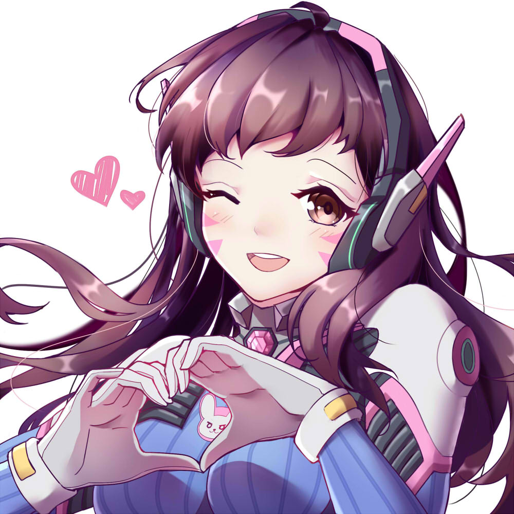 animal_print bangs blue_bodysuit bodysuit breasts brown_eyes brown_hair bunny_print d.va_(overwatch) facepaint facial_mark gloves headphones heart heart_hands high_collar long_hair looking_at_viewer medium_breasts one_eye_closed open_mouth overwatch pilot_suit pink_lips ribbed_bodysuit shoulder_pads simple_background skin_tight smile solo swept_bangs upper_body whisker_markings white_background white_gloves zhong_chai