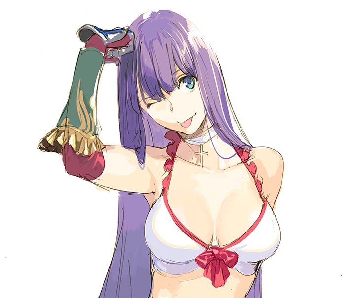 ;p bikini blue_eyes breasts choker cleavage collarbone elbow_gloves fate/grand_order fate_(series) gloves large_breasts long_hair looking_at_viewer one_eye_closed pako purple_hair red_gloves saint_martha saint_martha_(swimsuit_ruler)_(fate) simple_background smile solo swimsuit tehepero tongue tongue_out white_background white_bikini